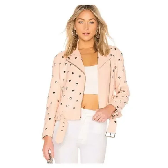 Lovers + friends pink studded heart moto leather jacket size S - Picture 1 of 16